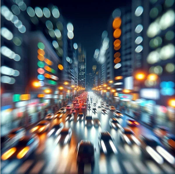 A blurry image of a street with cars and buildnings