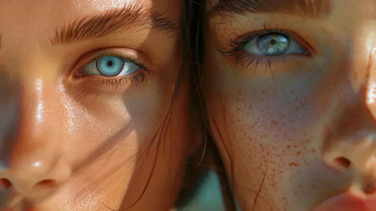 Two people looking in camera with colored contact lenses