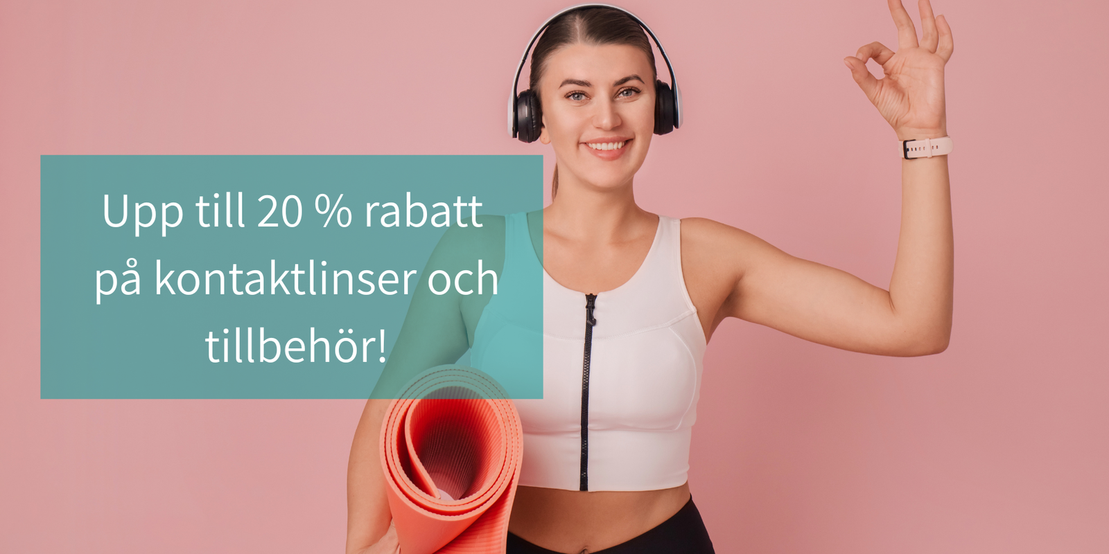 A smiling woman wearing black over-ear headphones and a white sports tank top holds a rolled pink exercise mat against a solid pink background, with a teal promotional text box overlaid on the left.