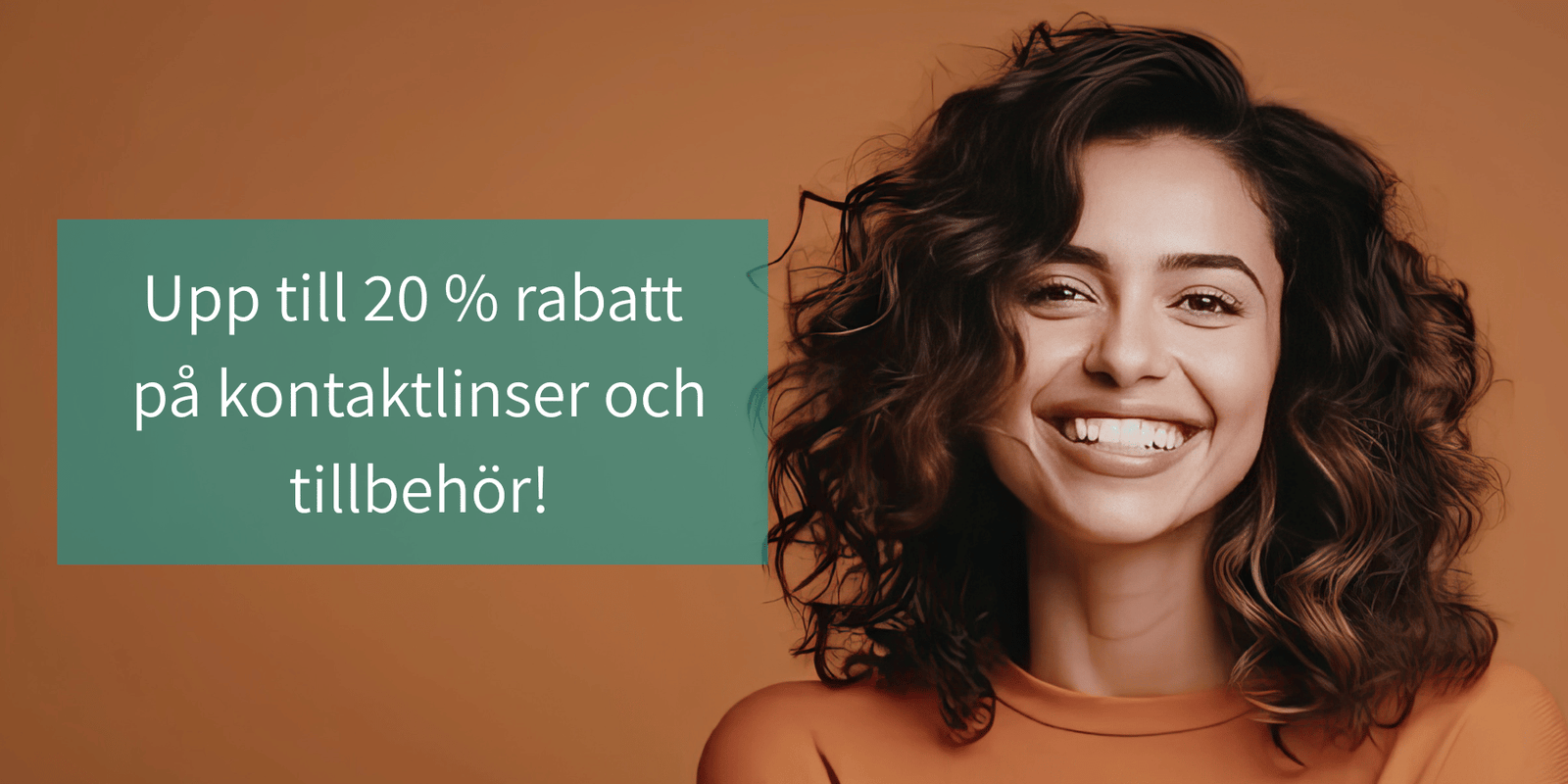 Woman with a smile on an orange background with promotional text in Swedish.