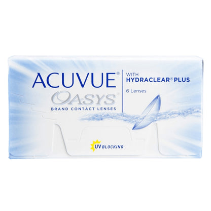 Acuvue Oasys contact lens box with Hydraclear Plus, featuring blue and white packaging with a graphic of a contact lens and text indicating 6 lenses and UV blocking.