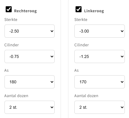 Bestelformulier voor Biofinity Toric met afzonderlijke waarden en aantallen verpakkingen voor het rechter- en linkeroog