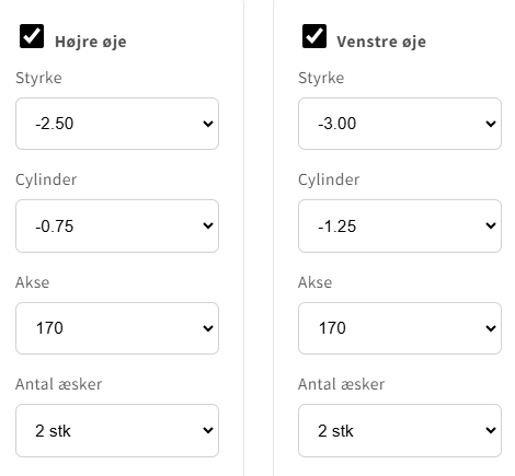 Bestillingsformular til Biofinity Toric med separate værdier og antal æsker for højre og venstre øje