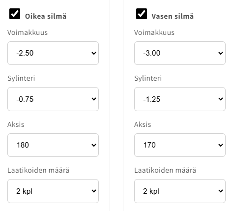 Biofinity Toric -tilauslomake, jossa oikean ja vasemman silmän arvot ja pakkausmäärät syötetään erikseen
