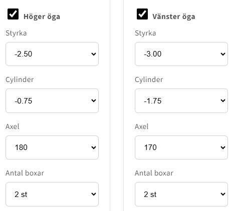 Biofinity Toric-beställningsformulär med separata värden och antal förpackningar för höger och vänster öga.