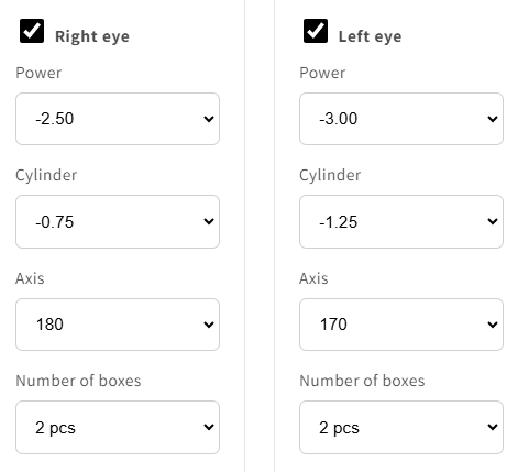 Biofinity Toric ordering form with separate values and box quantities for the right and left eye
