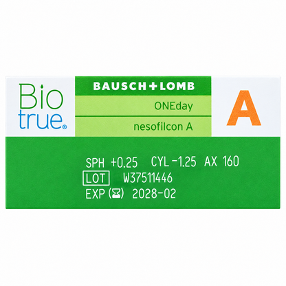 Illustrativ etikettbild för Biotrue Oneday For Astigmatism 30-pack, rättvänd vy.